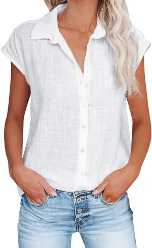 Womens Short Sleeve Linen Shirts Casual Round Neck Beach T-Shirt Plain Solid Loose Fit Summer Tshirts