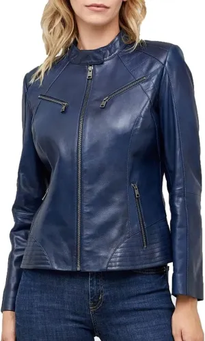 Women's Slimfit Quilted Leather Jacket - Stylish Biker Moto Blue Faux Leather Jacket