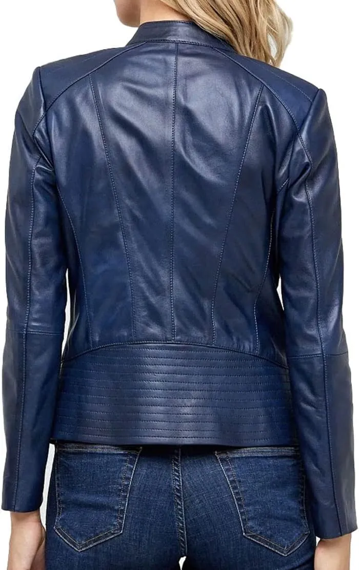 Women's Slimfit Quilted Leather Jacket - Stylish Biker Moto Blue Faux Leather Jacket