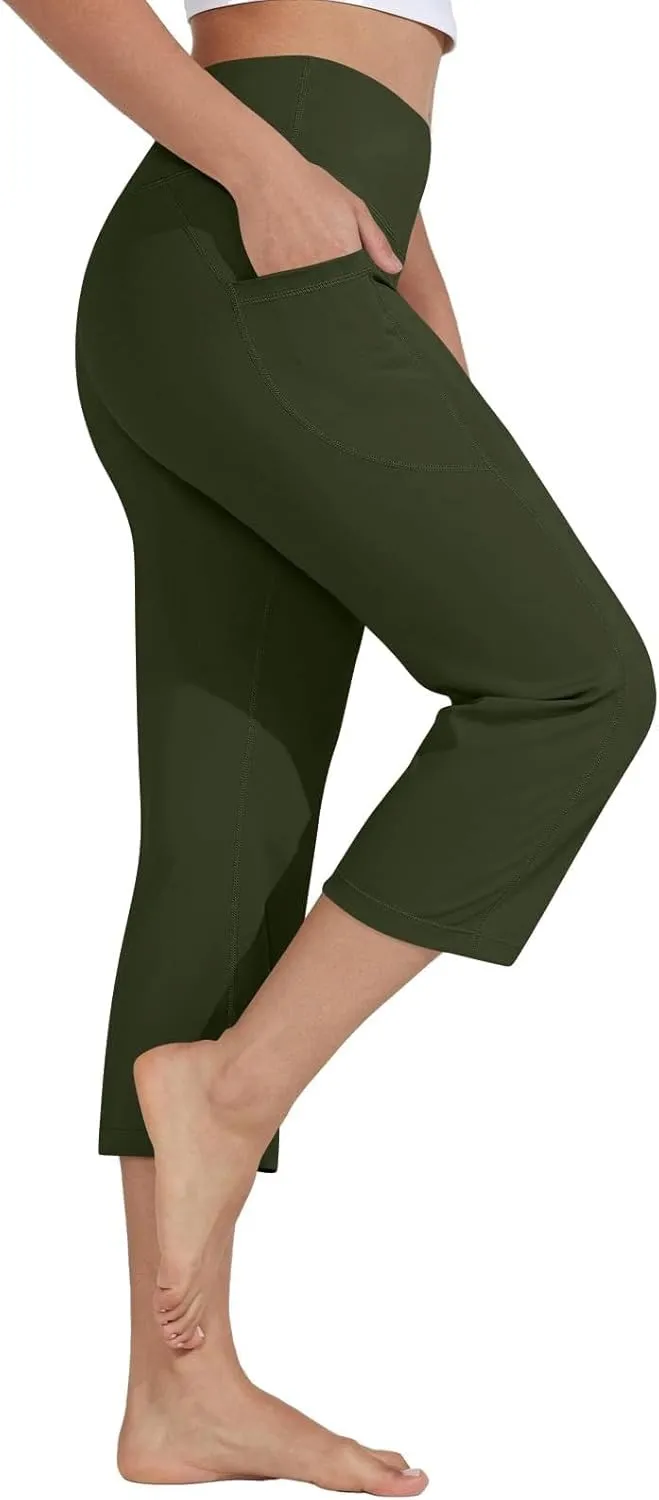 Women's Straight Leg Yoga Capris High Waist Tummy Control Bootcut Crop Pants Athletic Workout Leggings with Pockets