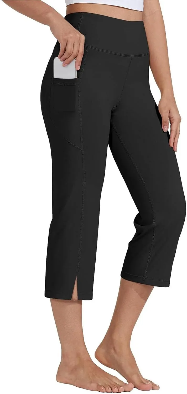 Women's Straight Leg Yoga Capris High Waist Tummy Control Bootcut Crop Pants Athletic Workout Leggings with Pockets