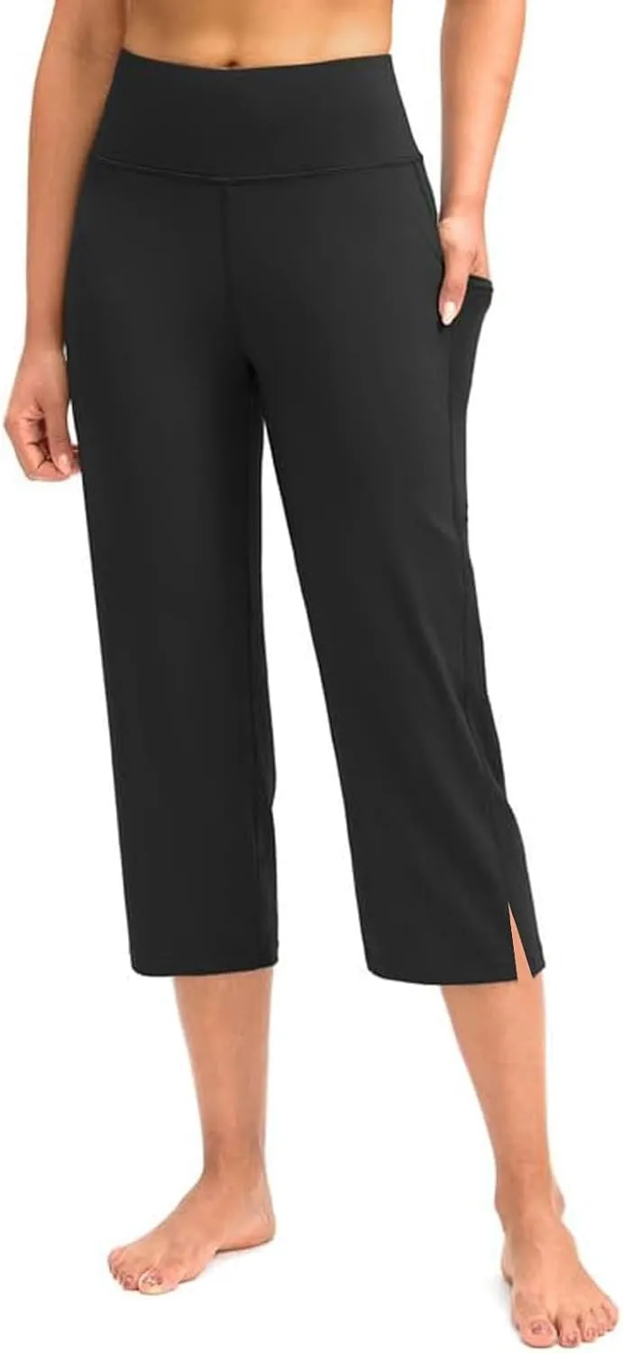Women's Straight Leg Yoga Capris High Waist Tummy Control Bootcut Crop Pants Athletic Workout Leggings with Pockets