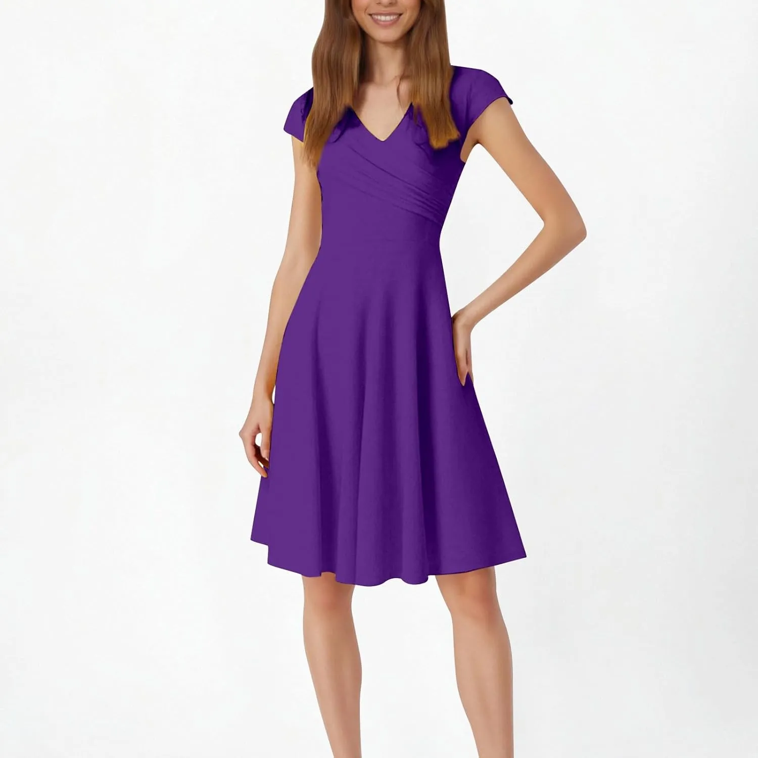 Womens Summer Mini Dresses, Fancy Solid Cap Sleeve Empire Waist Flowy Swing Shirt Dress Comfy Cocktail Party Summer Outfit