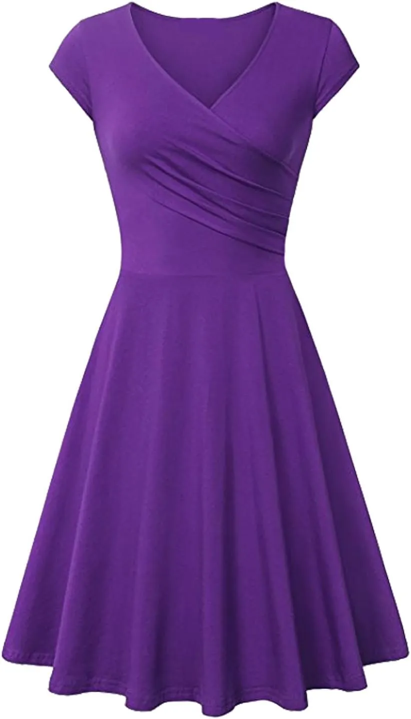Womens Summer Mini Dresses, Fancy Solid Cap Sleeve Empire Waist Flowy Swing Shirt Dress Comfy Cocktail Party Summer Outfit