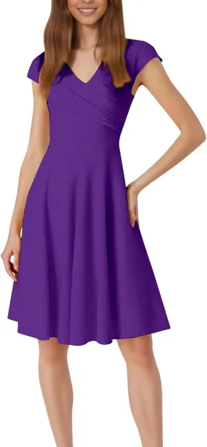 Womens Summer Mini Dresses, Fancy Solid Cap Sleeve Empire Waist Flowy Swing Shirt Dress Comfy Cocktail Party Summer Outfit