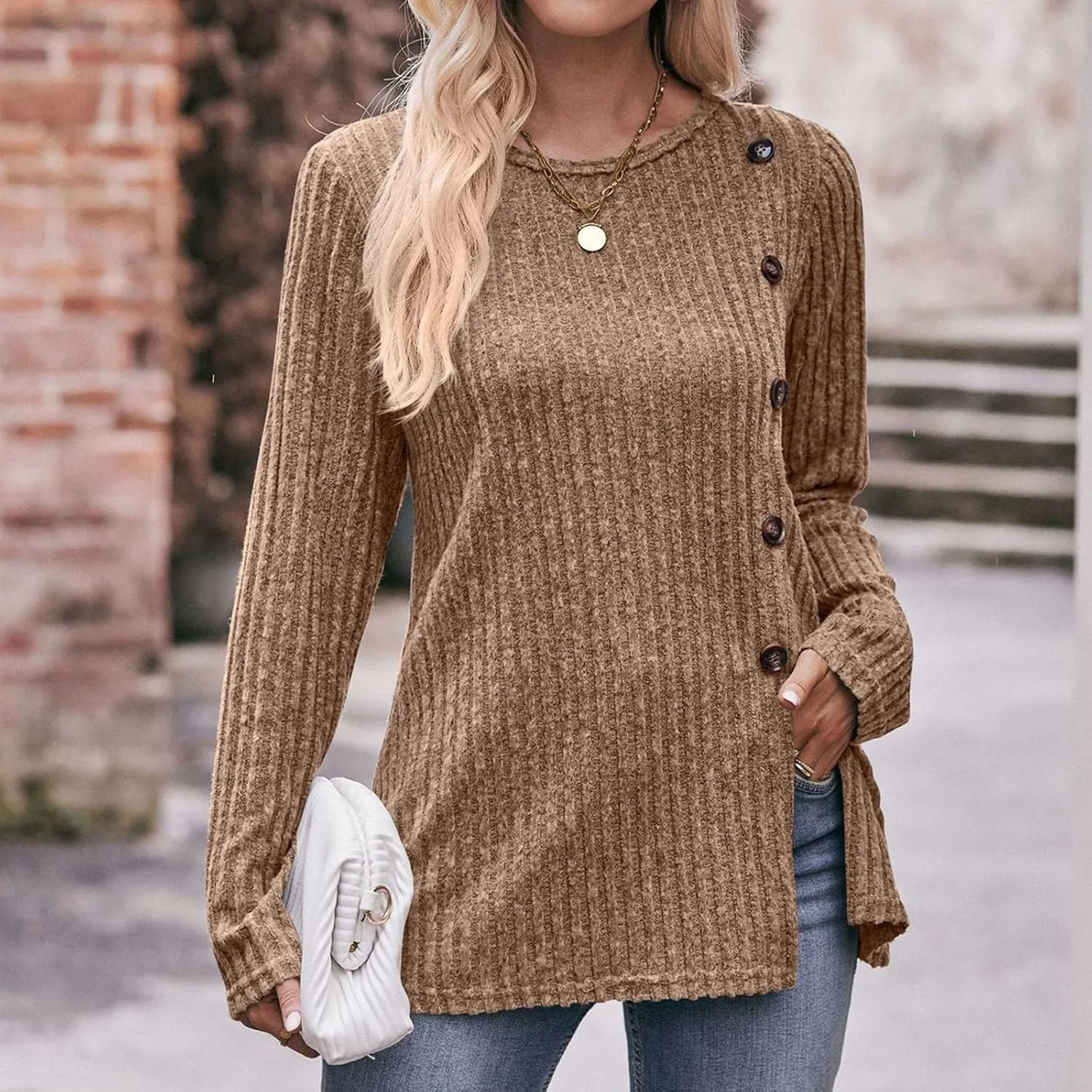 Womens Tops Color Block Shirts Strip Brushed Slit Fashion Button T Shirt Long Sleeve Top Slim Fit T Shirt Tunic Top