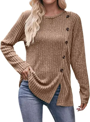 Womens Tops Color Block Shirts Strip Brushed Slit Fashion Button T Shirt Long Sleeve Top Slim Fit T Shirt Tunic Top