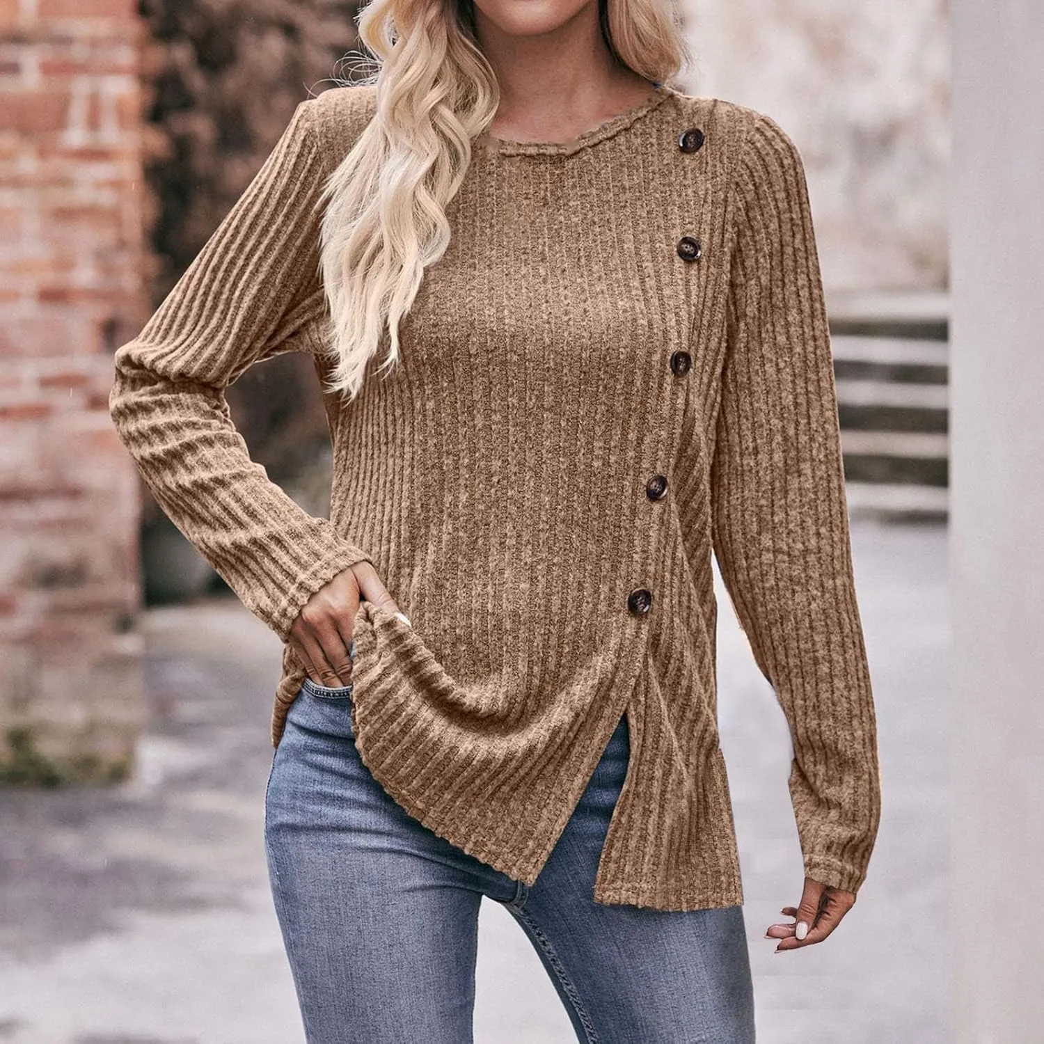 Womens Tops Color Block Shirts Strip Brushed Slit Fashion Button T Shirt Long Sleeve Top Slim Fit T Shirt Tunic Top