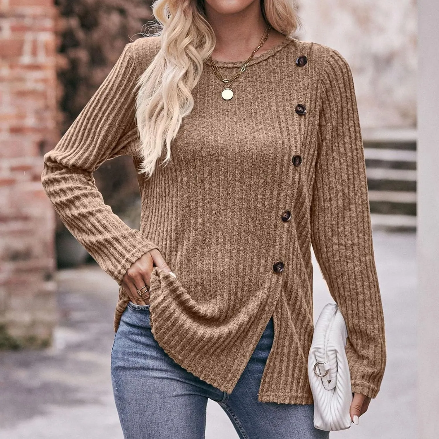 Womens Tops Color Block Shirts Strip Brushed Slit Fashion Button T Shirt Long Sleeve Top Slim Fit T Shirt Tunic Top