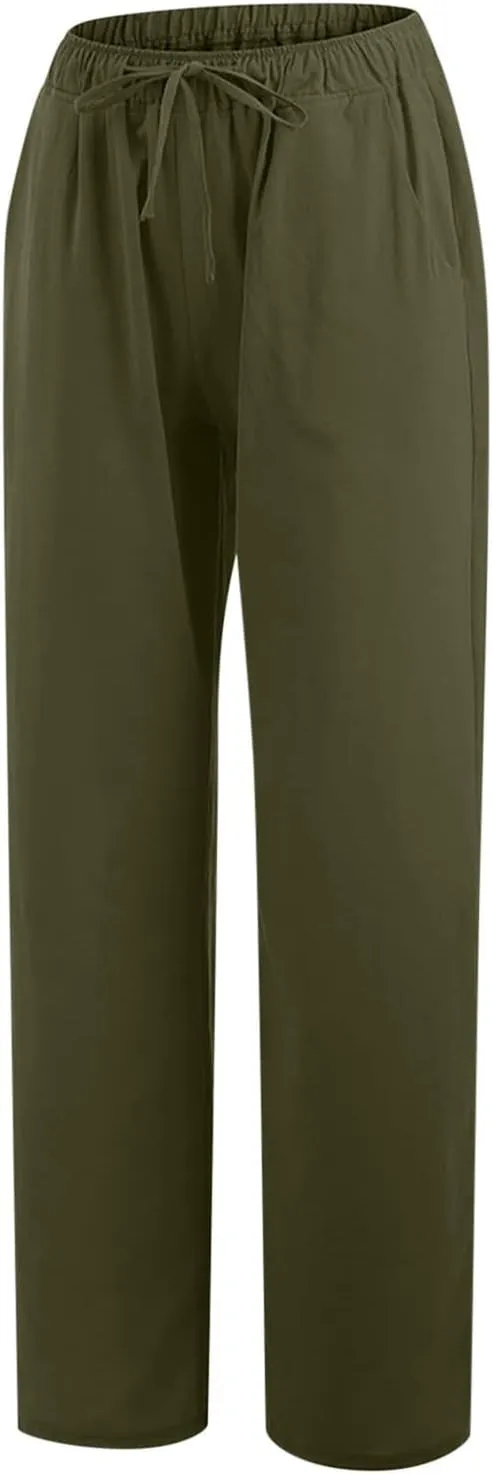 Womens Wide Leg Palazzo Pants 2024 Cotton Linen Pants Lounge Comfy Flowy Pants Summer Boho Beach Pants with Pockets
