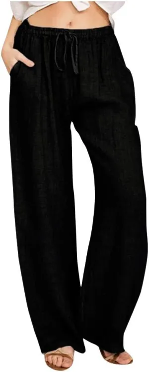 Womens Wide Leg Palazzo Pants 2024 Cotton Linen Pants Lounge Comfy Flowy Pants Summer Boho Beach Pants with Pockets