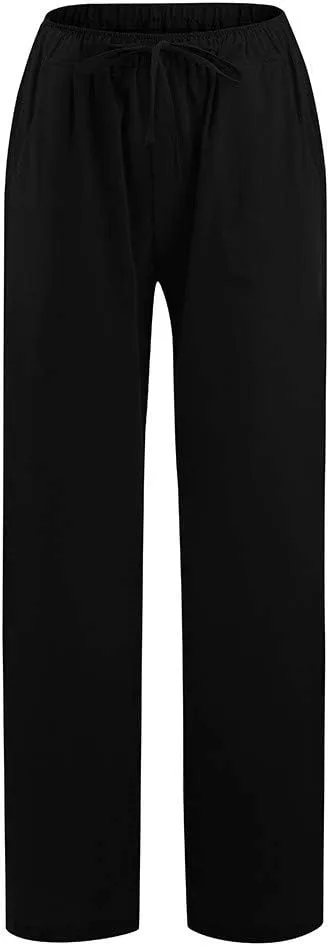 Womens Wide Leg Palazzo Pants 2024 Cotton Linen Pants Lounge Comfy Flowy Pants Summer Boho Beach Pants with Pockets