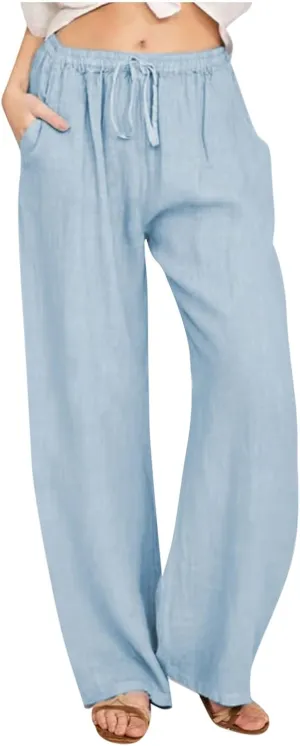 Womens Wide Leg Palazzo Pants 2024 Cotton Linen Pants Lounge Comfy Flowy Pants Summer Boho Beach Pants with Pockets