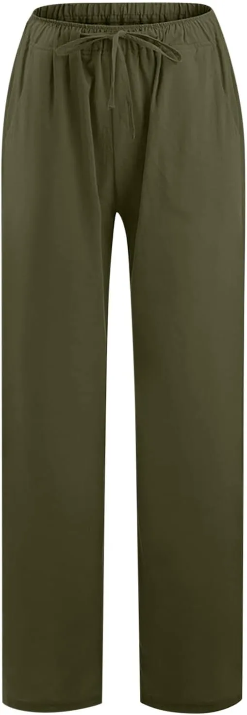 Womens Wide Leg Palazzo Pants 2024 Cotton Linen Pants Lounge Comfy Flowy Pants Summer Boho Beach Pants with Pockets