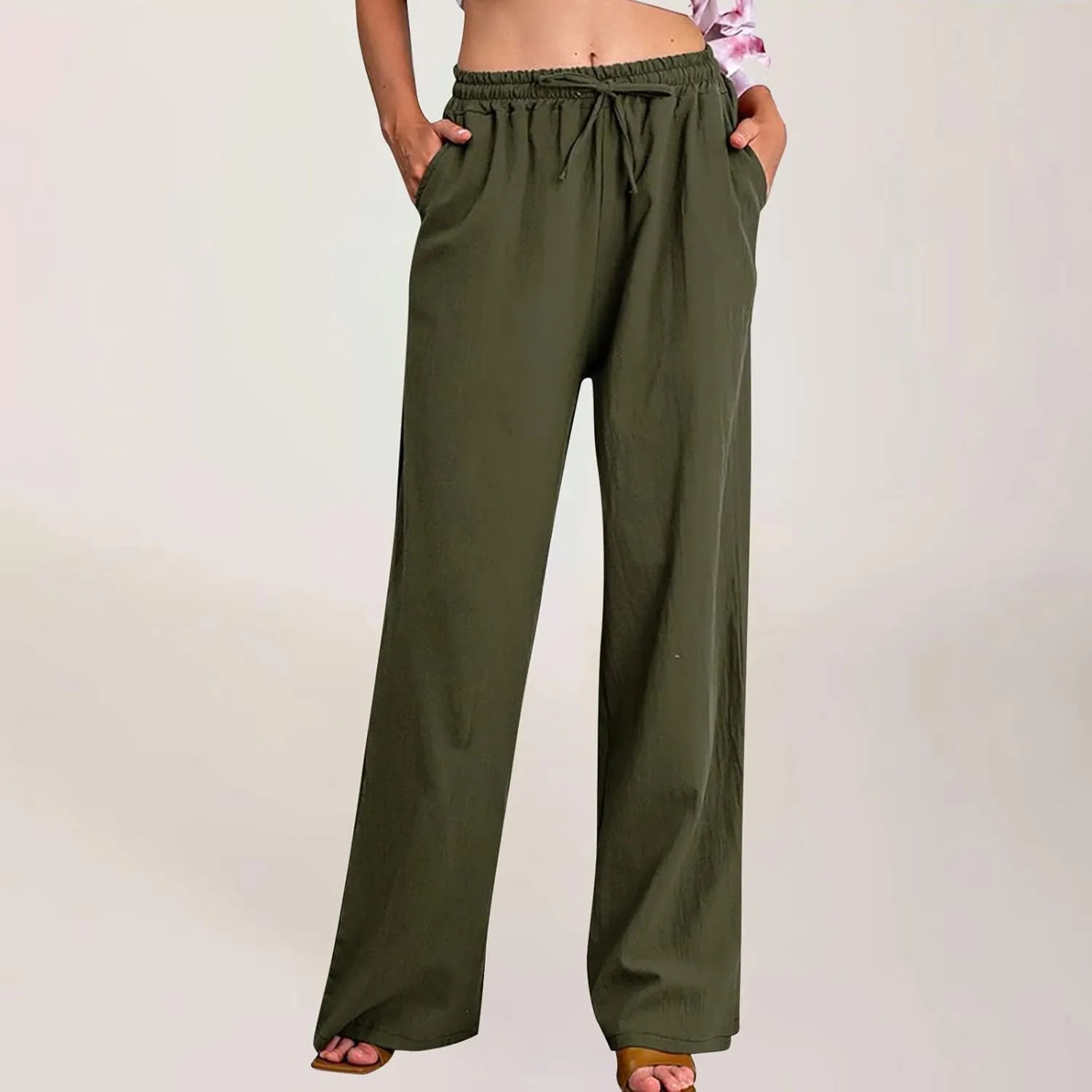 Womens Wide Leg Palazzo Pants 2024 Cotton Linen Pants Lounge Comfy Flowy Pants Summer Boho Beach Pants with Pockets