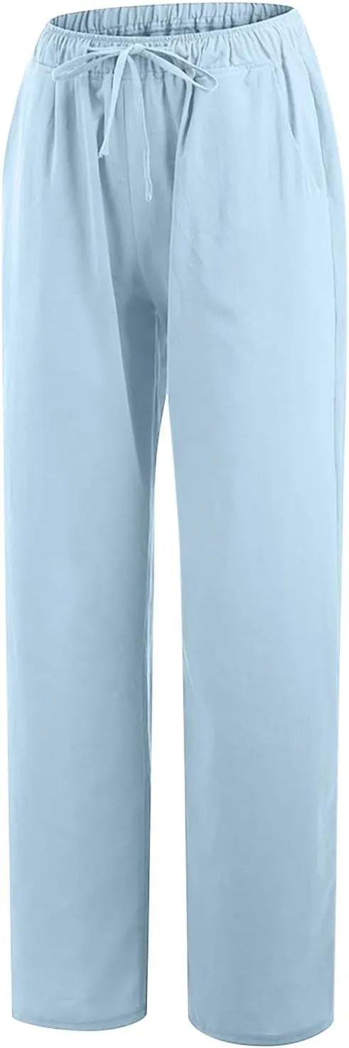 Womens Wide Leg Palazzo Pants 2024 Cotton Linen Pants Lounge Comfy Flowy Pants Summer Boho Beach Pants with Pockets