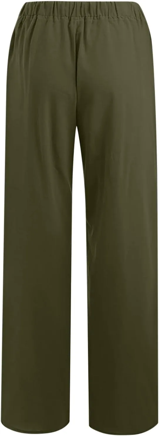 Womens Wide Leg Palazzo Pants 2024 Cotton Linen Pants Lounge Comfy Flowy Pants Summer Boho Beach Pants with Pockets