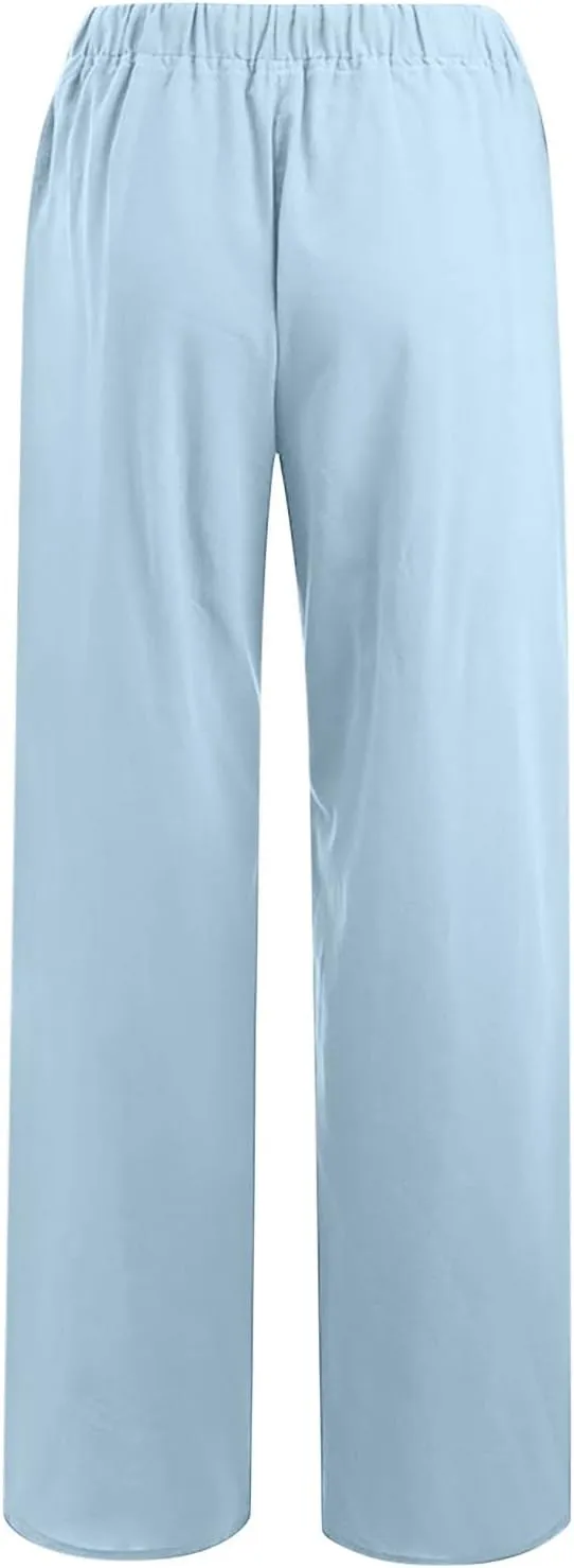 Womens Wide Leg Palazzo Pants 2024 Cotton Linen Pants Lounge Comfy Flowy Pants Summer Boho Beach Pants with Pockets