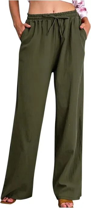 Womens Wide Leg Palazzo Pants 2024 Cotton Linen Pants Lounge Comfy Flowy Pants Summer Boho Beach Pants with Pockets