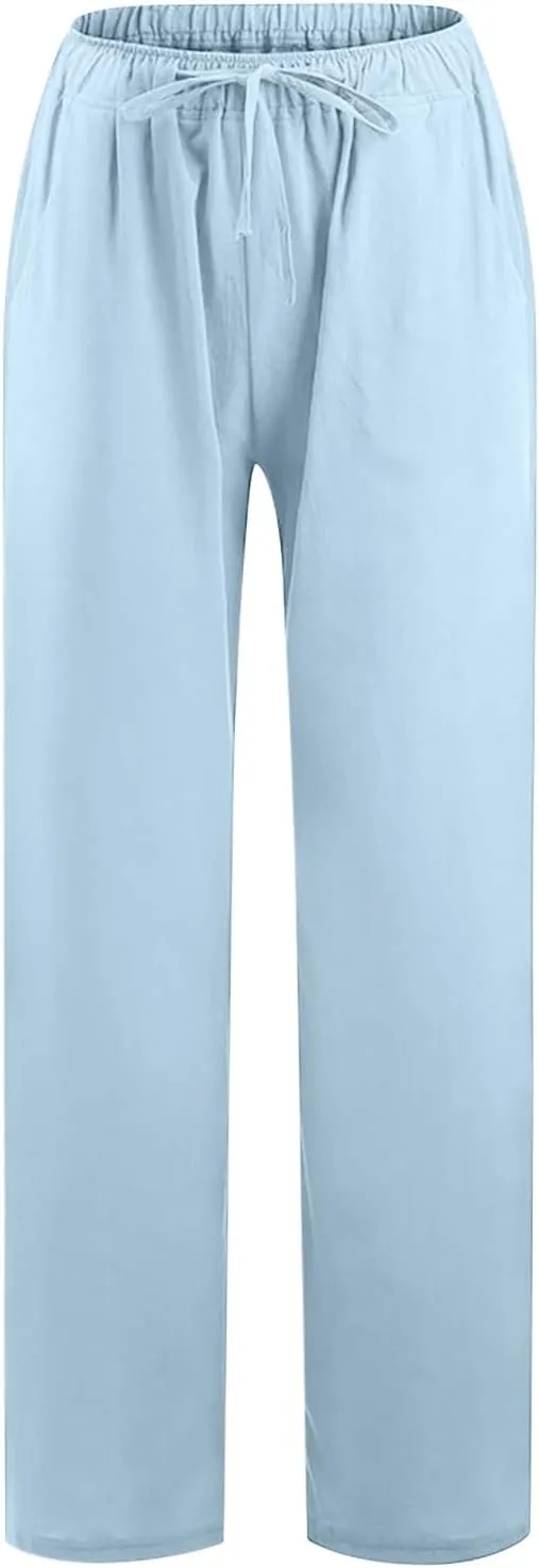 Womens Wide Leg Palazzo Pants 2024 Cotton Linen Pants Lounge Comfy Flowy Pants Summer Boho Beach Pants with Pockets