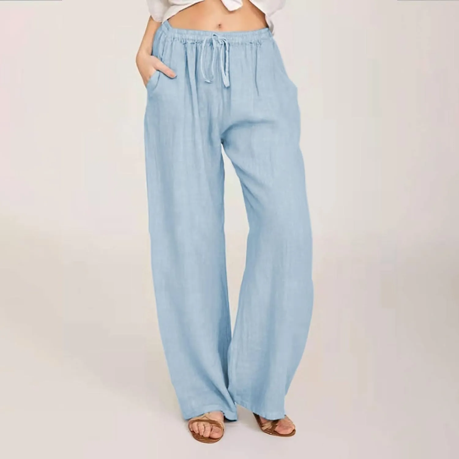 Womens Wide Leg Palazzo Pants 2024 Cotton Linen Pants Lounge Comfy Flowy Pants Summer Boho Beach Pants with Pockets