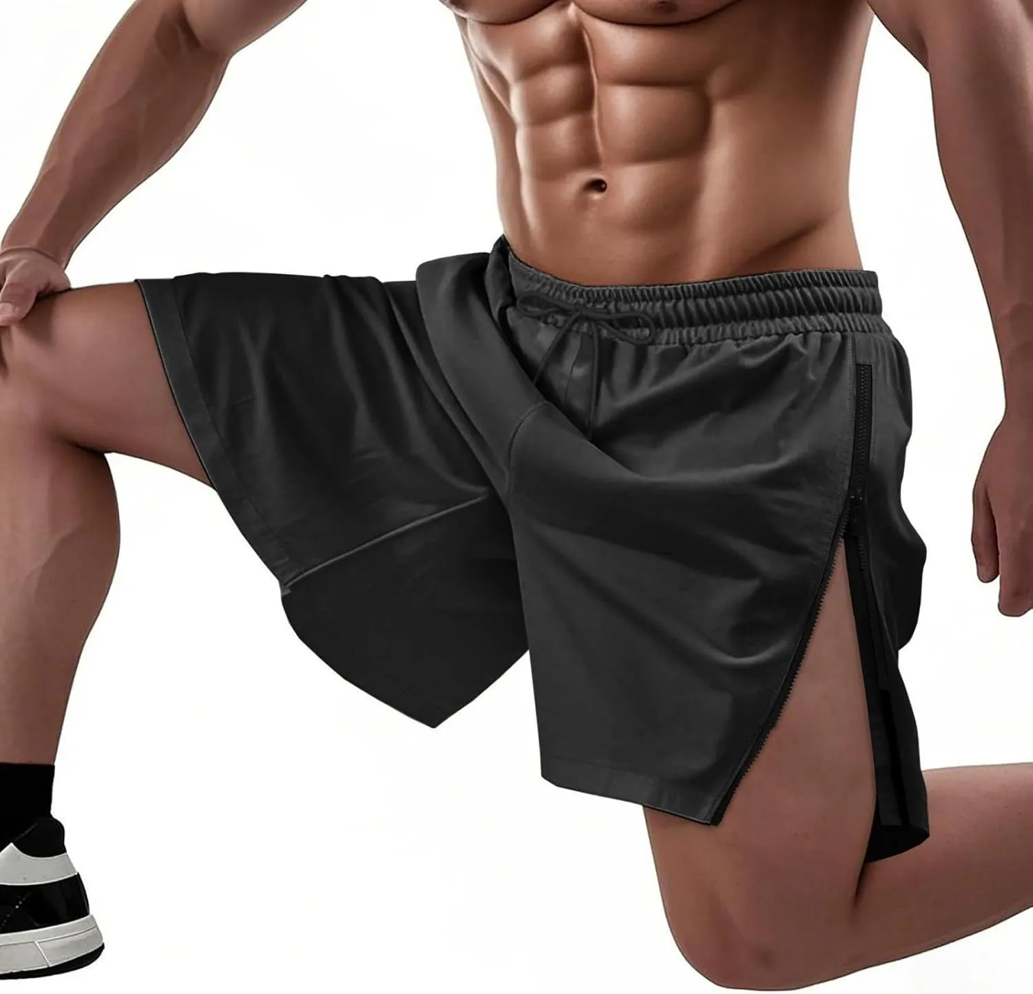 Workout Shorts Men Knee Length Athletic Basketball Gym Gear Quick Dry Lightweight Active Wear with Side Zipper Split