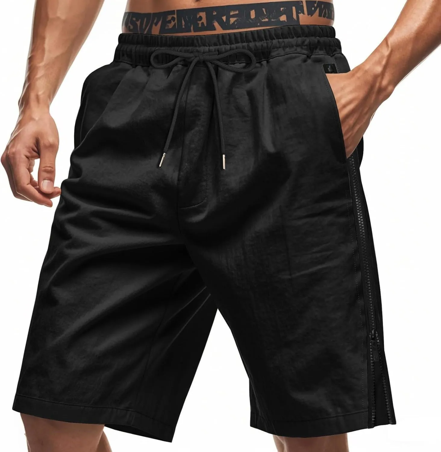 Workout Shorts Men Knee Length Athletic Basketball Gym Gear Quick Dry Lightweight Active Wear with Side Zipper Split