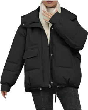 XUNRYAN Puffer Jackets Womens Baggy Winter Warm Down Coat Quilted Lightweight Cropped Jackets Outdoor Overcoat Activewear