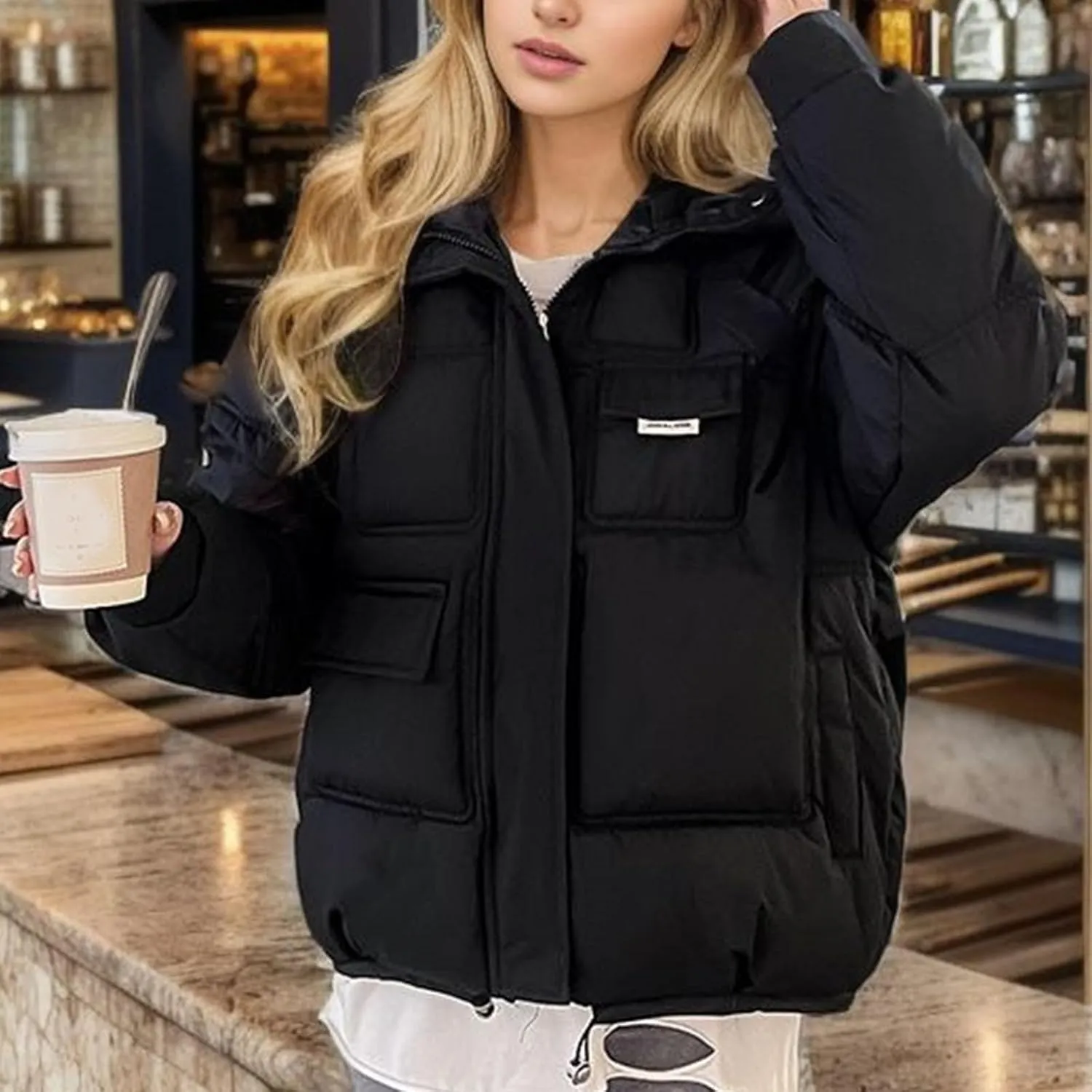 XUNRYAN Puffer Jackets Womens Baggy Winter Warm Down Coat Quilted Lightweight Cropped Jackets Outdoor Overcoat Activewear