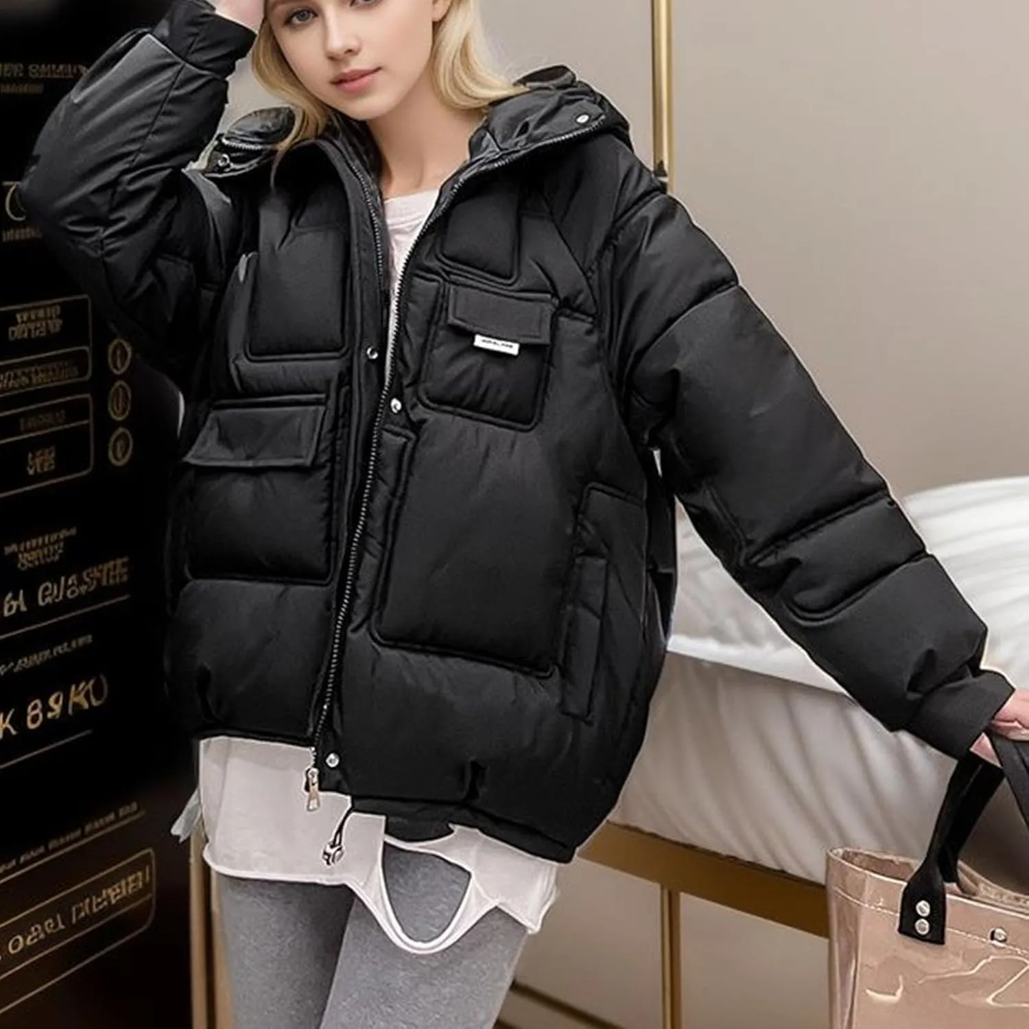 XUNRYAN Puffer Jackets Womens Baggy Winter Warm Down Coat Quilted Lightweight Cropped Jackets Outdoor Overcoat Activewear
