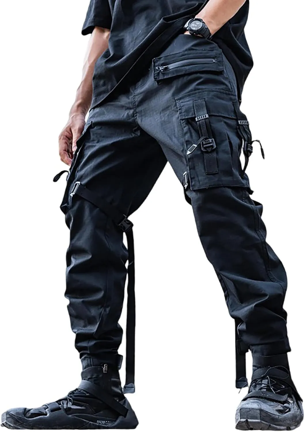 XYXIONGMAO Black Cargo Pants Men Tech Pants with an Adjustable Belt Multi Pocket Cargo Pants for Men Streetwear Pants