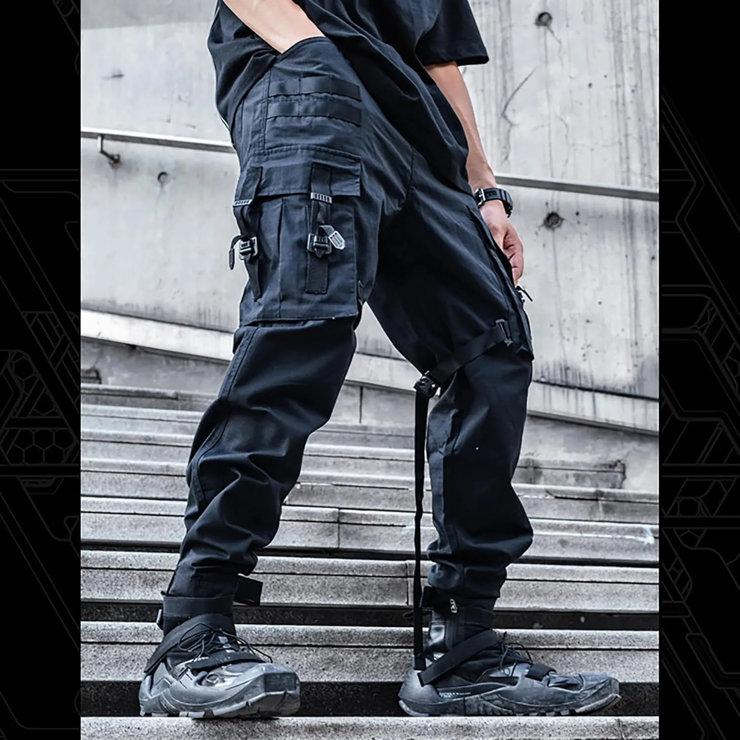 XYXIONGMAO Black Cargo Pants Men Tech Pants with an Adjustable Belt Multi Pocket Cargo Pants for Men Streetwear Pants