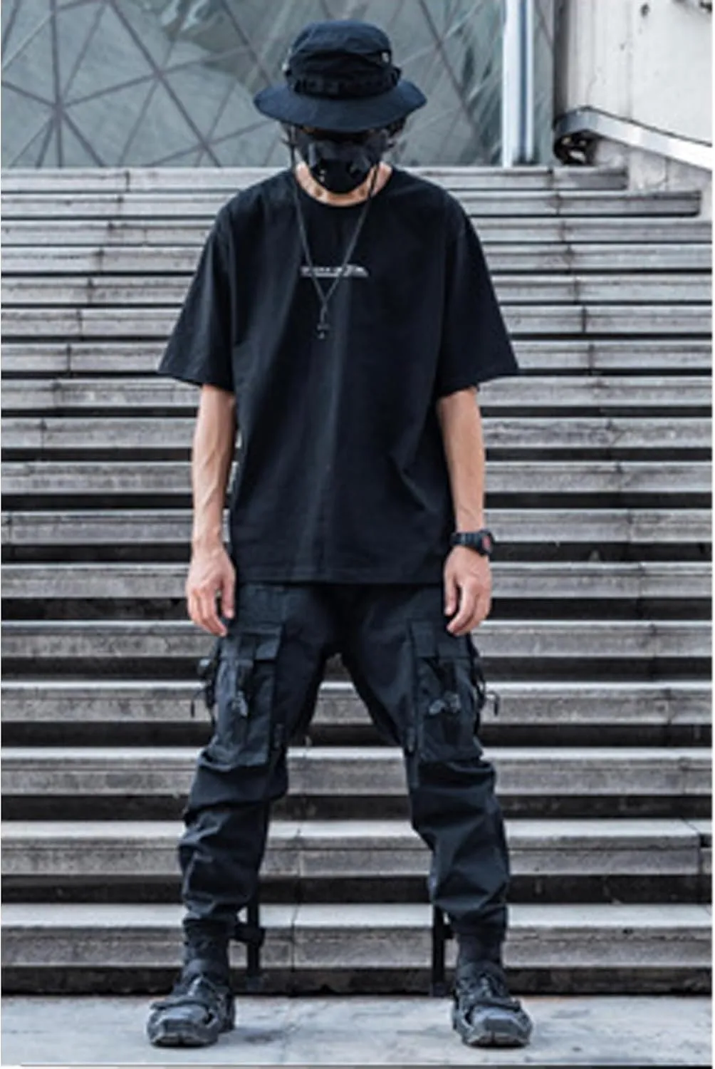 XYXIONGMAO Black Cargo Pants Men Tech Pants with an Adjustable Belt Multi Pocket Cargo Pants for Men Streetwear Pants