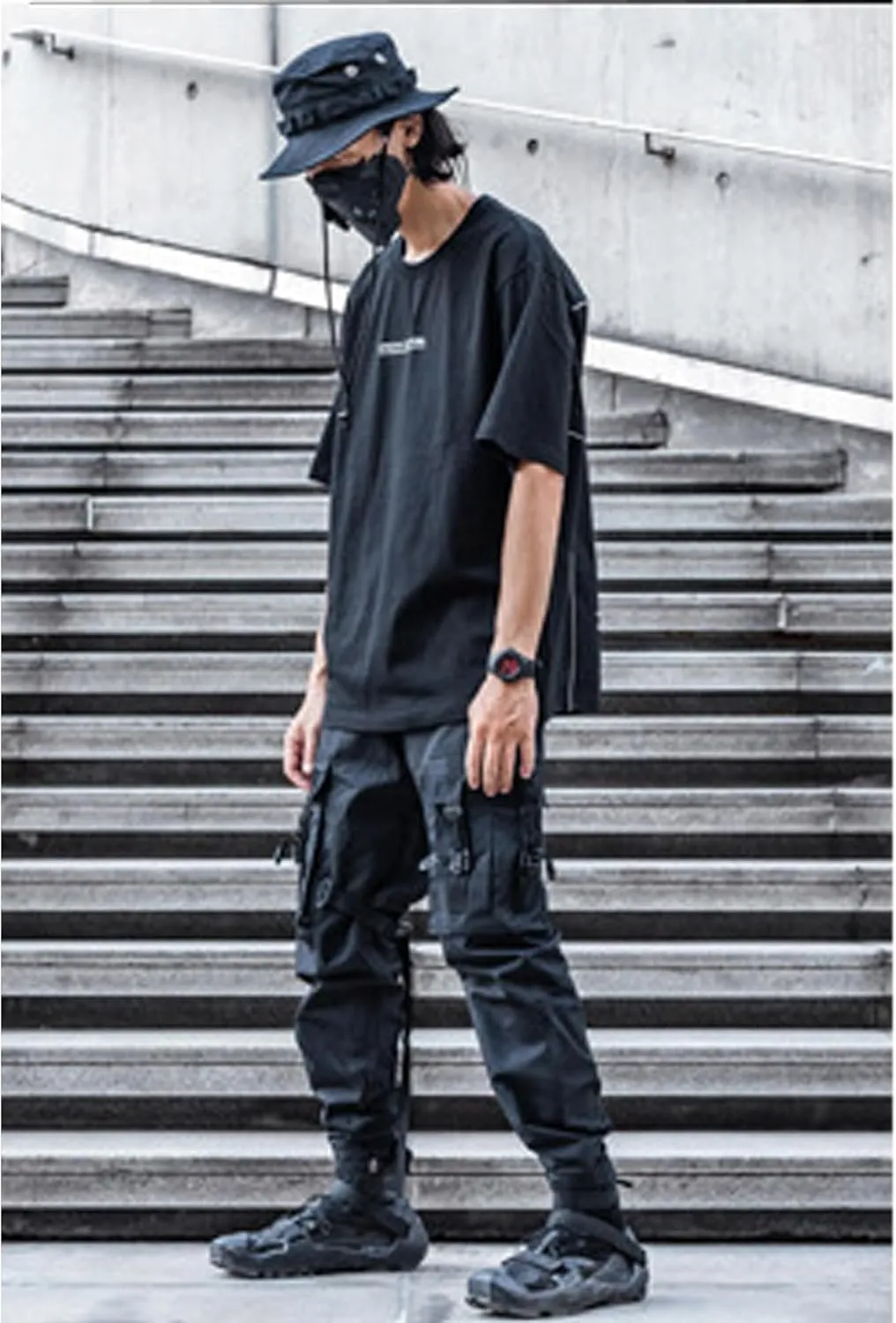 XYXIONGMAO Black Cargo Pants Men Tech Pants with an Adjustable Belt Multi Pocket Cargo Pants for Men Streetwear Pants