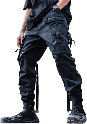 XYXIONGMAO Black Cargo Pants Men Tech Pants with an Adjustable Belt Multi Pocket Cargo Pants for Men Streetwear Pants