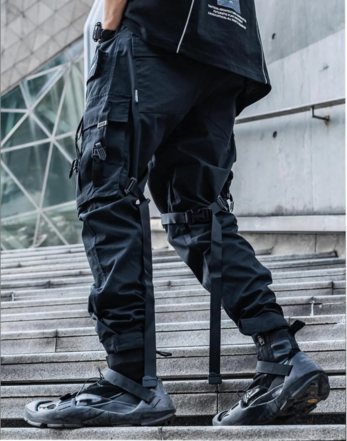XYXIONGMAO Black Cargo Pants Men Tech Pants with an Adjustable Belt Multi Pocket Cargo Pants for Men Streetwear Pants