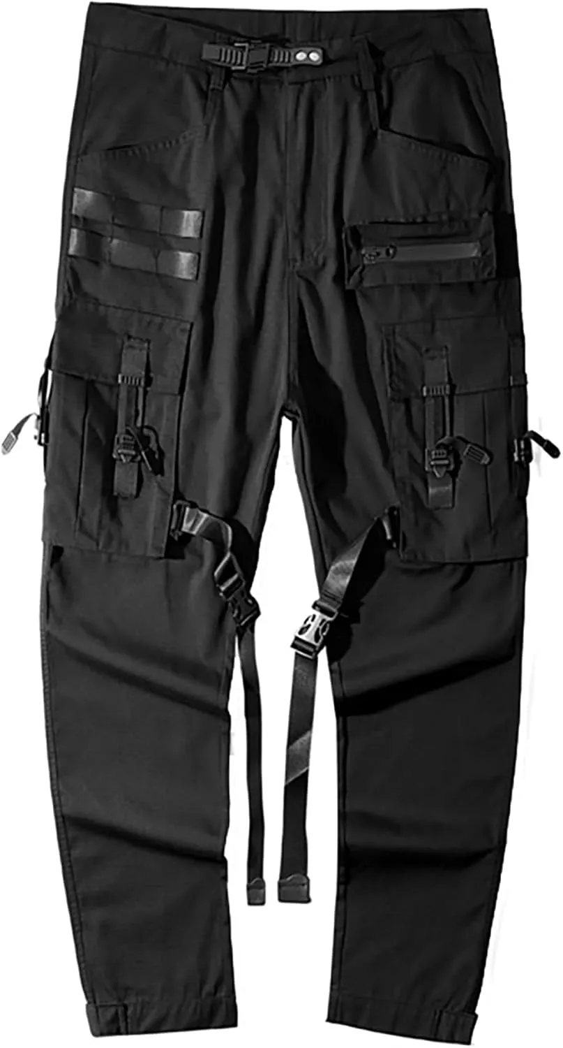 XYXIONGMAO Black Cargo Pants Men Tech Pants with an Adjustable Belt Multi Pocket Cargo Pants for Men Streetwear Pants