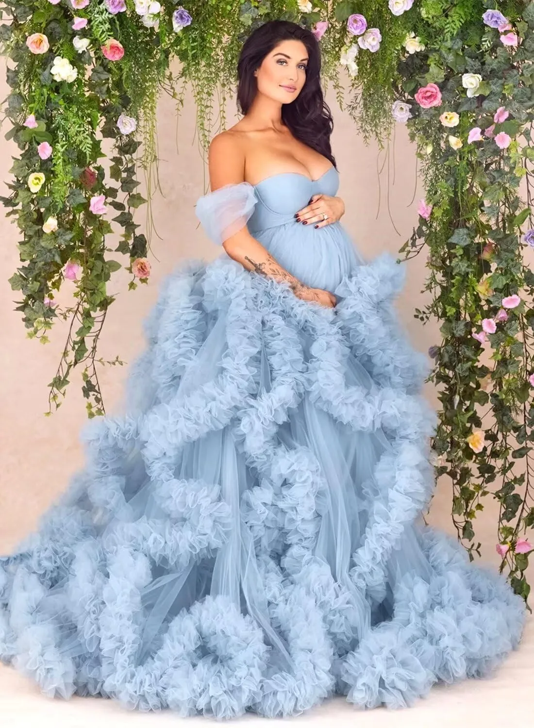 yinyyinhs Women's Tulle Robe Maternity Dress for Photoshoot Long Off Shoulder Puffy Bridal Lingerie Bathgown Baby Shower