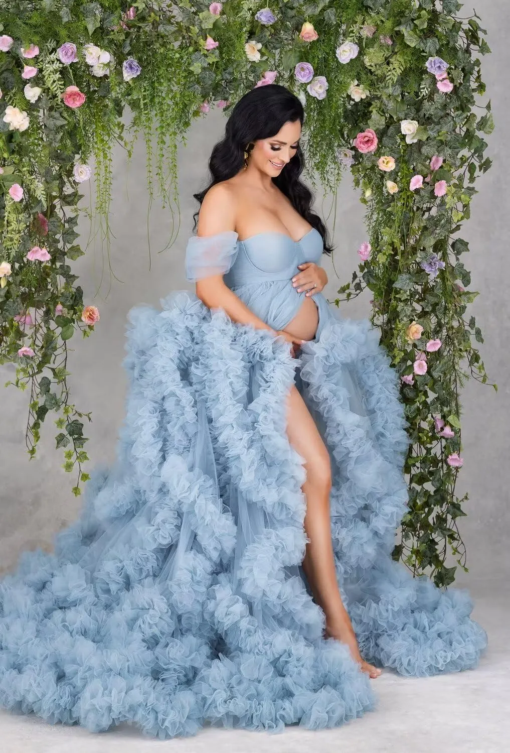 yinyyinhs Women's Tulle Robe Maternity Dress for Photoshoot Long Off Shoulder Puffy Bridal Lingerie Bathgown Baby Shower