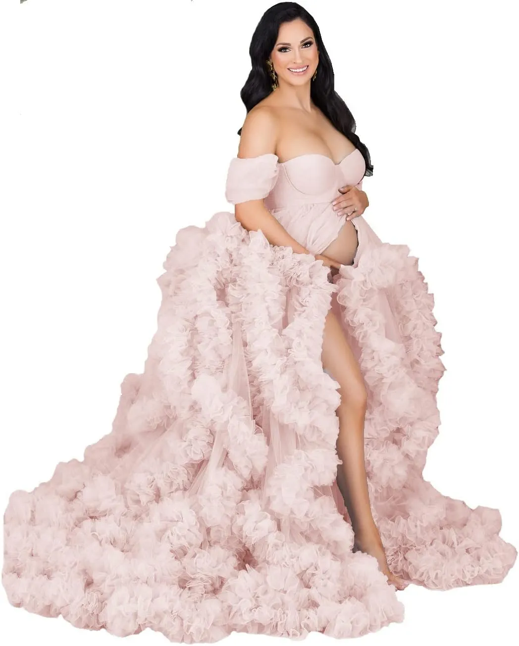 yinyyinhs Women's Tulle Robe Maternity Dress for Photoshoot Long Off Shoulder Puffy Bridal Lingerie Bathgown Baby Shower