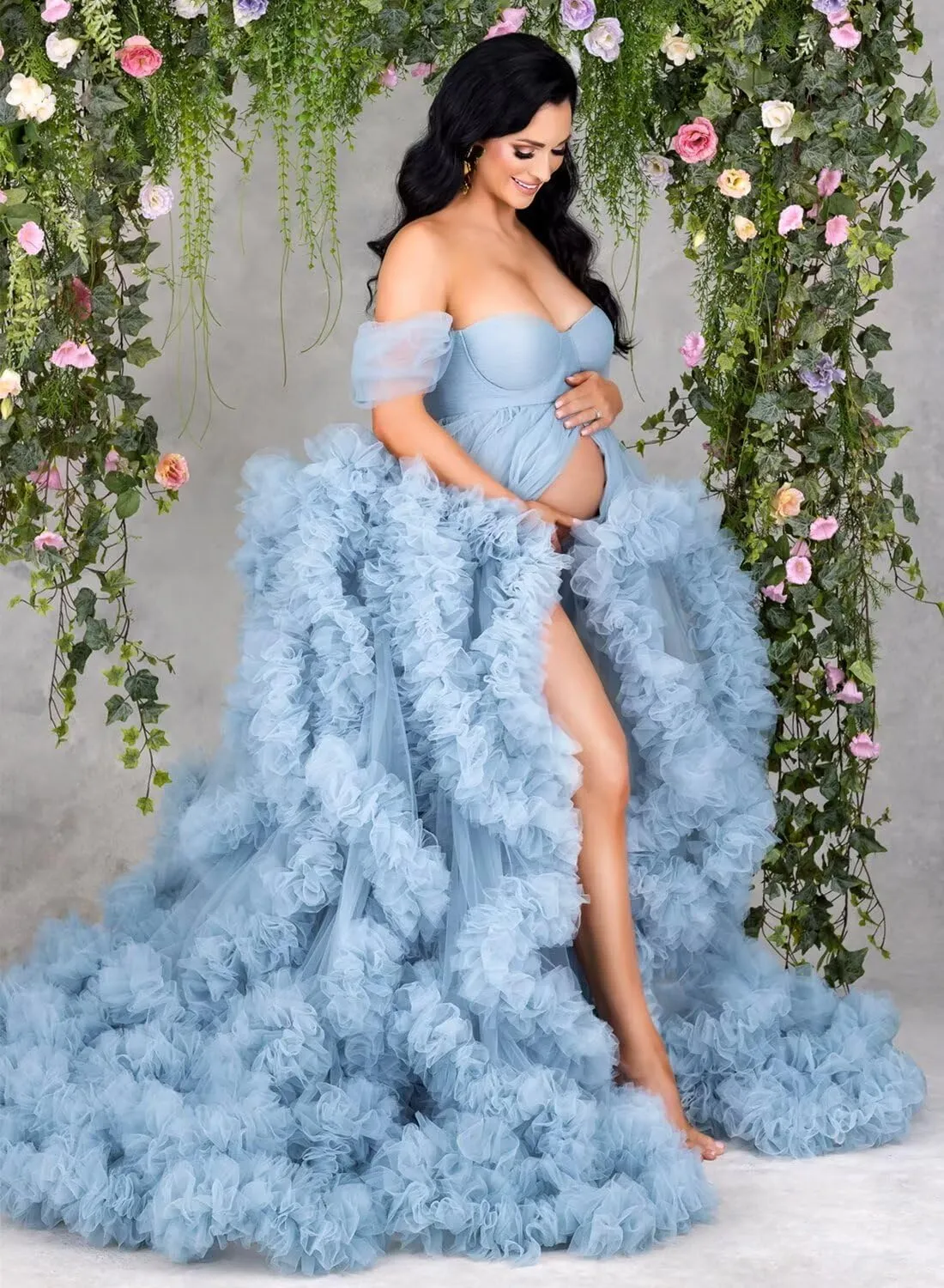 yinyyinhs Women's Tulle Robe Maternity Dress for Photoshoot Long Off Shoulder Puffy Bridal Lingerie Bathgown Baby Shower