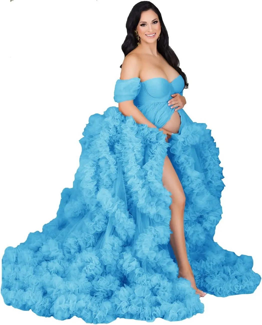 yinyyinhs Women's Tulle Robe Maternity Dress for Photoshoot Long Off Shoulder Puffy Bridal Lingerie Bathgown Baby Shower
