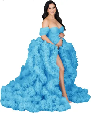 yinyyinhs Women's Tulle Robe Maternity Dress for Photoshoot Long Off Shoulder Puffy Bridal Lingerie Bathgown Baby Shower