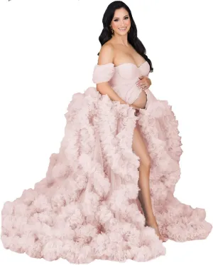 yinyyinhs Women's Tulle Robe Maternity Dress for Photoshoot Long Off Shoulder Puffy Bridal Lingerie Bathgown Baby Shower