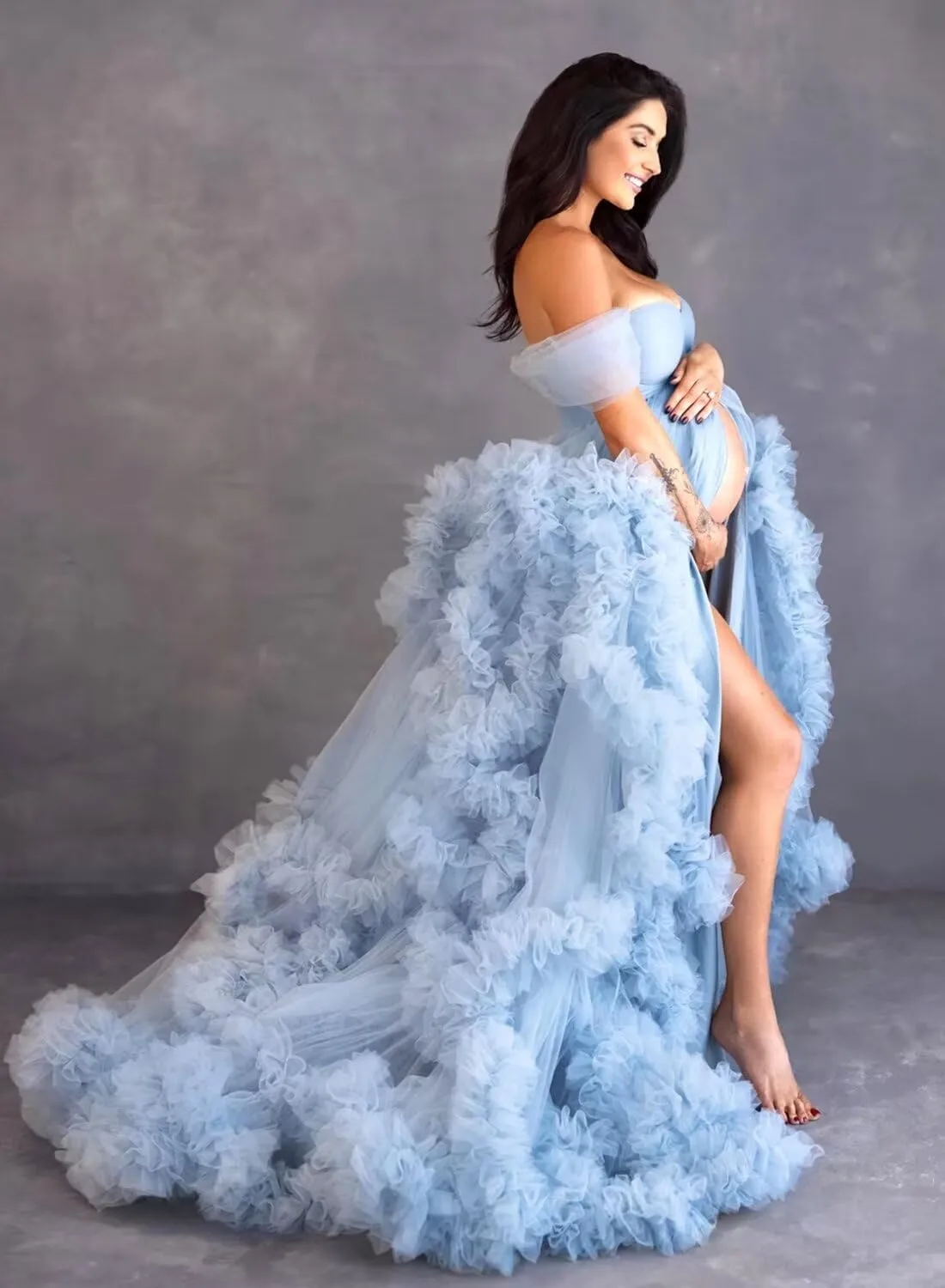 yinyyinhs Women's Tulle Robe Maternity Dress for Photoshoot Long Off Shoulder Puffy Bridal Lingerie Bathgown Baby Shower
