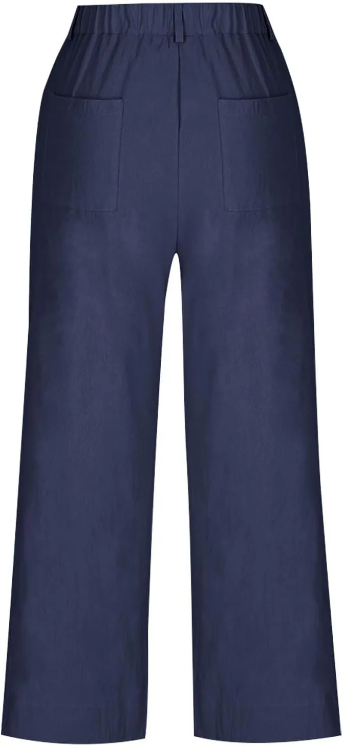 YRAETENM Linen Pants Women High Waisted Cropped Wide Leg Pants Business Casual Dress Pants Comfy Lounge Pants with Pockets