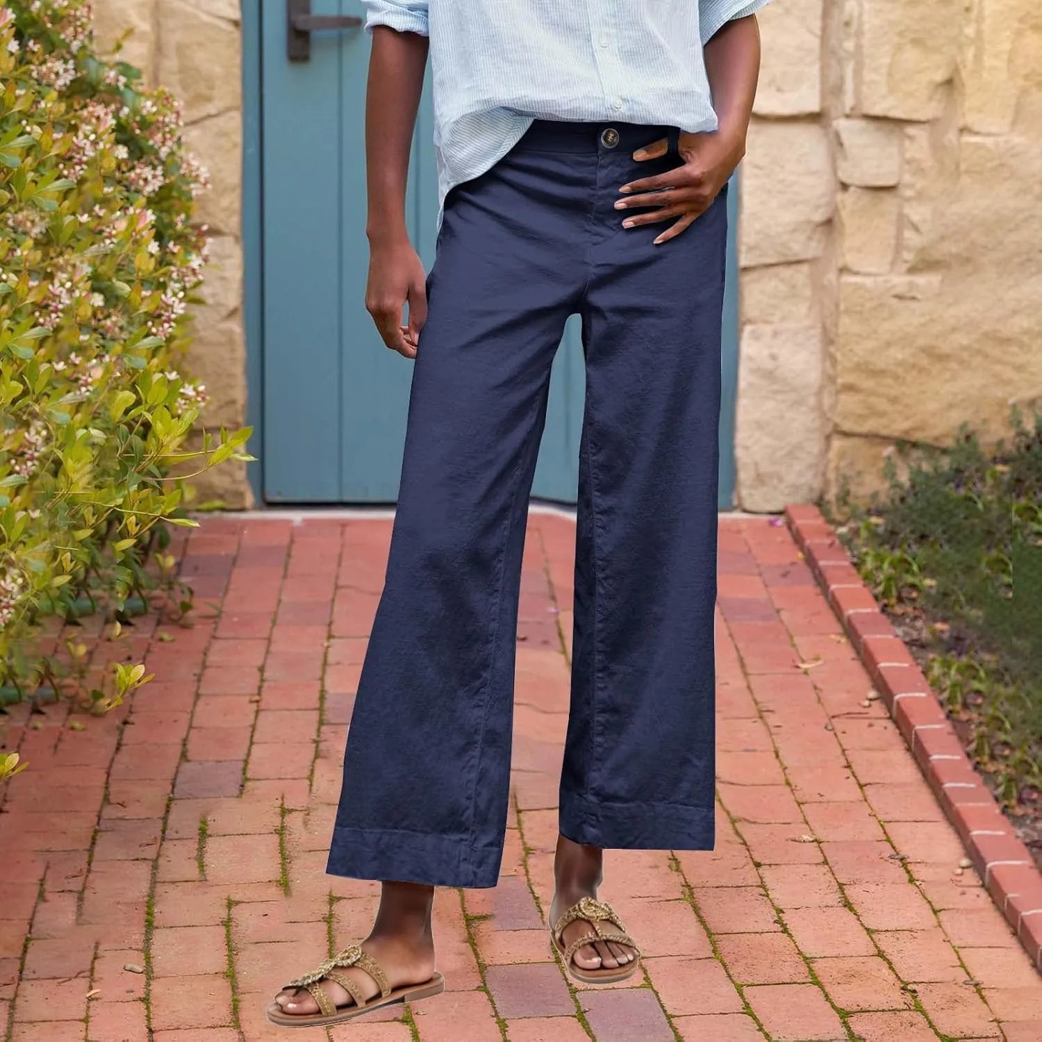 YRAETENM Linen Pants Women High Waisted Cropped Wide Leg Pants Business Casual Dress Pants Comfy Lounge Pants with Pockets