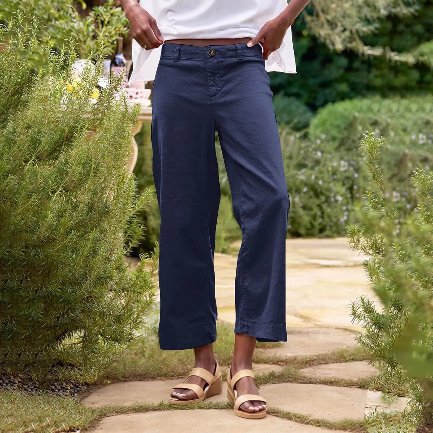 YRAETENM Linen Pants Women High Waisted Cropped Wide Leg Pants Business Casual Dress Pants Comfy Lounge Pants with Pockets